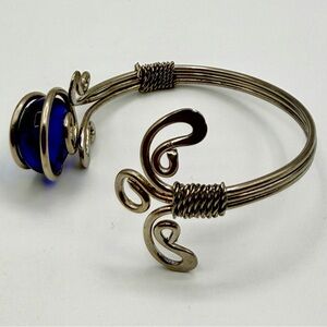 Artisan Silver Tone Wire Cuff Bracelet w/ Blue Glass Cabochon | Statement